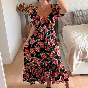 BEAUTIFUL SEXY MIDI BLACK FLOWER DRESS